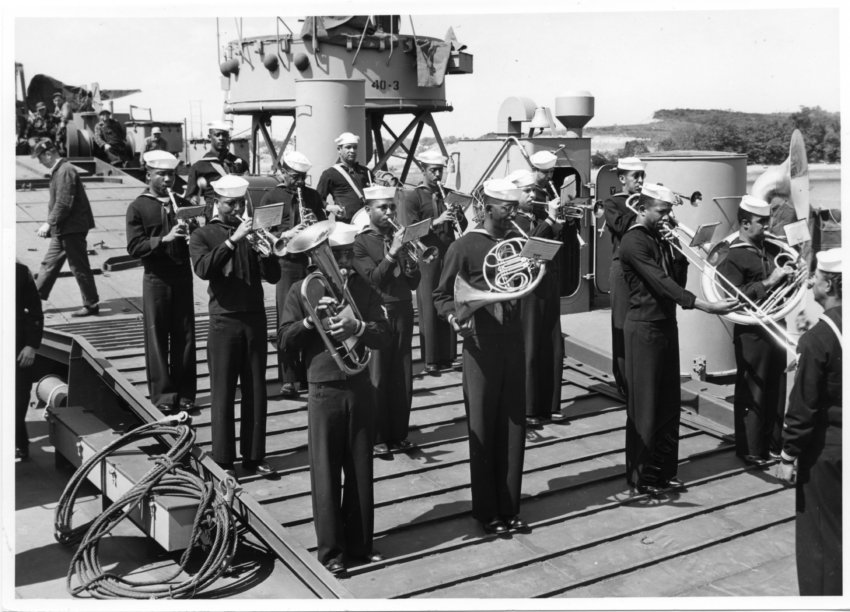 Band playing at launch of ship from Bethlehem-Hingham Shipyard May 29, 1945