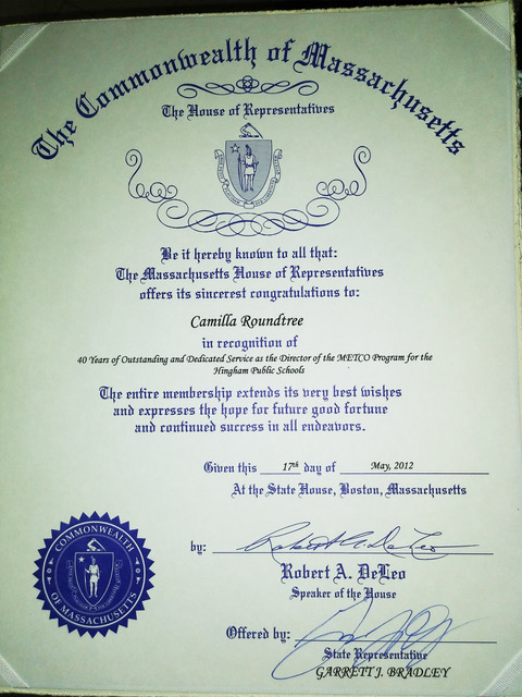 Massachusetts House of Representatives Recognition