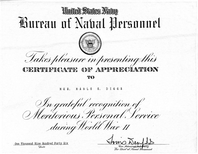 Mabel Diggs Navy certificate