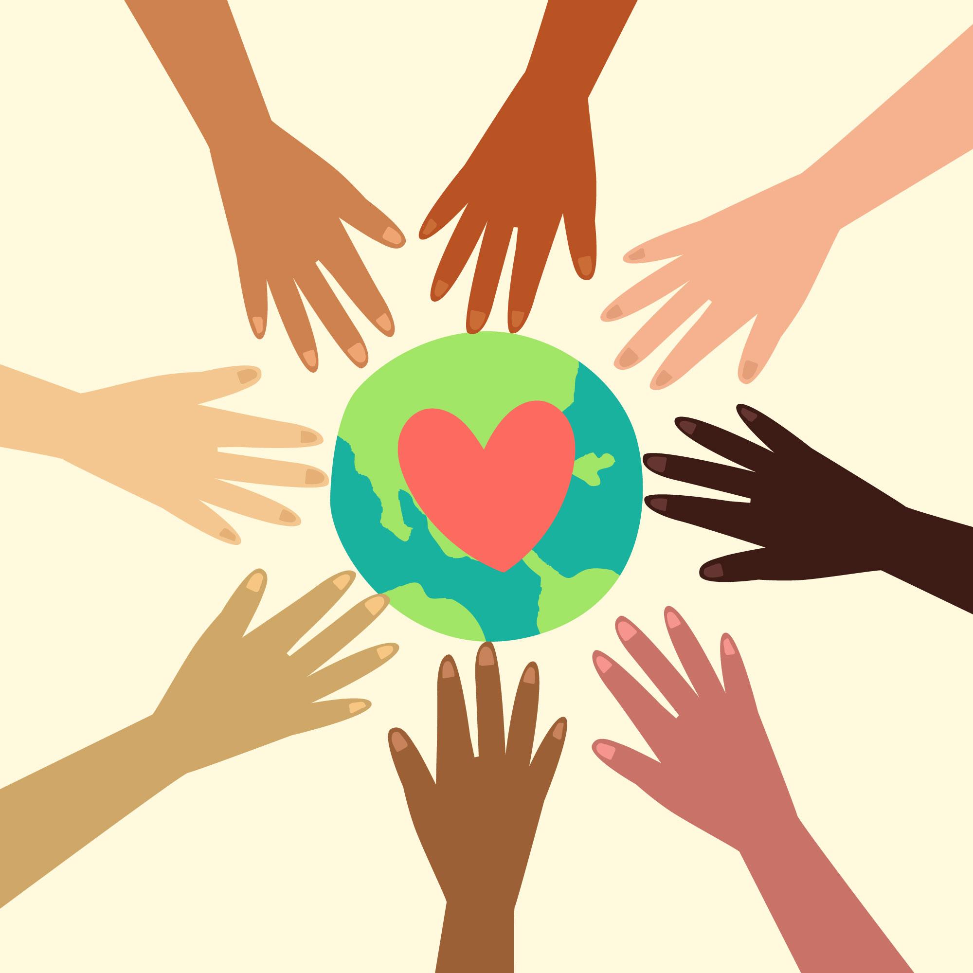 diverse hands in circle reaching for globe with heart on it